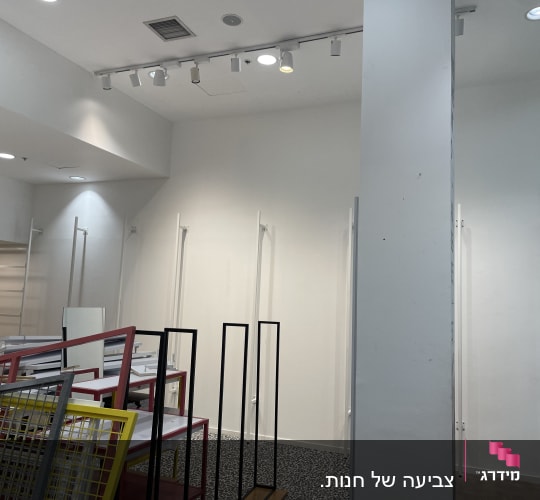 חדר ריק עם קירות לבנים ומדפים ריקים